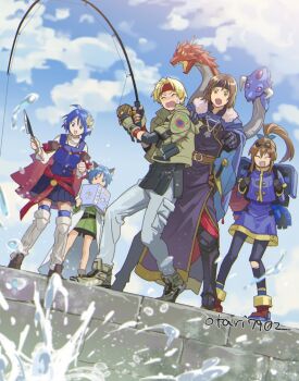 Rule 34 | 2girls, 3boys, ahoge, ashton anchors, blonde hair, blue eyes, blue hair, book, cape, claude c. kenny, cloud, crescent, crescent hair ornament, fishing, full body, gloves, hair ornament, headband, holding, holding book, indesign, jacket, leon geeste, long hair, multiple boys, multiple girls, open mouth, pointy ears, precis neumann, rena lanford, short hair, skirt, smile, star ocean, star ocean: the second story