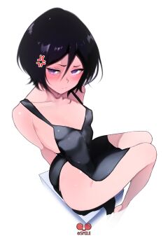 Rule 34 | 1girl, artist name, bare shoulders, barefoot, black dress, black hair, bleach, bleach: sennen kessen-hen, blush, breasts, closed mouth, collarbone, dress, esmile, female focus, highres, kuchiki rukia, medium hair, simple background, sitting, small breasts, thighs, white background