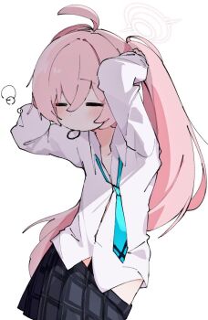 1girl =_= ahoge aqua_necktie black_skirt blue_archive closed_eyes clothes_pull commentary dressing hair_between_eyes hair_tie_in_mouth halo hoshino_(blue_archive) long_hair long_sleeves mouth_hold necktie nutaji pink_hair pleated_skirt ponytail shirt simple_background skirt skirt_pull solo squeans tying_hair very_long_hair waking_up white_background white_shirt