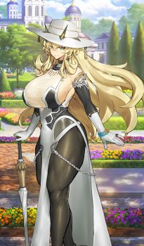 Rule 34 | 1girl, bare shoulders, barghest (fate), barghest (celebratory attire) (fate), black dress, blonde hair, breasts, brown pantyhose, chain, chain bracelet, commentary request, dress, fate/grand order, fate (series), gloves, green eyes, hat, horns, huge breasts, long hair, looking at viewer, melon22, official art, pantyhose, pelvic curtain, sideboob, solo, sun hat, thick thighs, thighs, two-tone dress, white dress, white hat