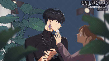 1boy 1girl 8083_blue applying_another&#039;s_makeup applying_makeup artist_name black_hair black_shirt bowl_cut collarbone commission earrings hoshina_soshiro jewelry kaijuu_no._8 long_sleeves looking_at_another looking_at_viewer necklace parted_lips powder_puff purple_eyes round_eyewear shirt upper_body watch wristwatch
