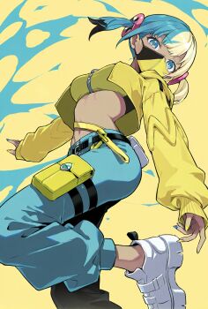 1girl 4949maurice aqua_hair bandeau black_mask black_pants black_shoes blonde_hair blue_background blue_eyes blue_pants breasts canari_(pokemon) center-flap_bangs criss-cross_straps dark-skinned_female dark_skin highres jacket large_breasts looking_at_viewer mask mega_ring mega_stone midriff mouth_mask multicolored_hair navel nintendo pants pokemon pokemon_legends:_z-a shoes short_twintails solo split-color_hair sports_bra stomach twintails two-tone_hair two-tone_mask two-tone_pants yellow_background yellow_bandeau yellow_jacket yellow_mask yellow_sports_bra zipper