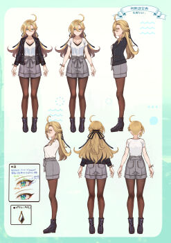 1girl ahoge ankle_boots black_footwear black_jacket blonde_hair boots breasts closed_mouth collarbone commentary_request concept_art earrings full_body gradient_background high-waist_shorts highres jacket jewelry kamina_kohane long_hair long_sleeves looking_at_viewer mashutarou_(neko_no_oyashiro) model_sheet multiple_views open_clothes open_jacket palette_project pantyhose short_sleeves shorts simple_background turnaround virtual_youtuber