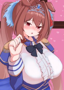 Rule 34 | 1girl, animal ears, black bow, blue jacket, blush, bow, breasts, brown hair, candy, center frills, chocolate, chocolate heart, commentary request, daiwa scarlet (peak blue) (umamusume), daiwa scarlet (umamusume), epaulettes, food, frills, hair between eyes, hair intakes, heart, heart-shaped food, highres, holding, horse ears, horse girl, jacket, kei illu, large breasts, long hair, long sleeves, looking at viewer, parted lips, red eyes, shirt, solo, textless version, tiara, twintails, umamusume, very long hair, white shirt