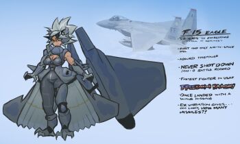 air-to-air_missile blonde_streaks brown_eyes eyewear_on_head f-15_eagle mecha_pilot_suit mechanical_arms mechanical_wings multicolored_hair non-web_source original personification white_hair wings