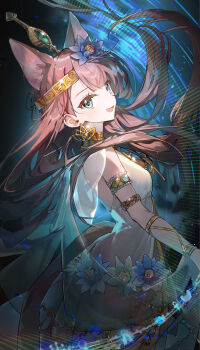 1girl :d absurdres animal_ears ankh ankh_necklace aqua_eyes arknights armlet aura bare_shoulders blue_flower bracelet brown_hair brown_tail commentary cowboy_shot dress ear_piercing earrings fang floating_hair flower gem glint gold gold_earrings green_flower hair_flower hair_ornament highres jewelry light_blush light_particles light_smile long_hair looking_at_viewer official_alternate_costume open_mouth pepe_(arknights) pepe_(nuit_of_the_nightsky)_(arknights) piercing smile solo standing tail white_dress xing_(gloryxing)