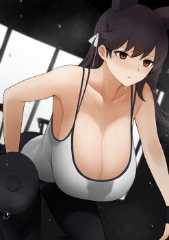 1girl absurdres all_fours amemuchizakuro animal_ears armpits atago_(azur_lane) azur_lane bare_shoulders black_hair breasts cleavage collarbone concentrating exercising flying_sweatdrops hair_ribbon highres huge_breasts indoors looking_ahead orange_eyes ribbon sweat sweat_stain sweaty_clothes tank_top weightlifting weights white_tank_top window wrist_cuffs