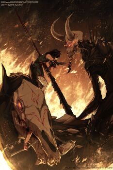 1boy 1girl bad_end bleeding blood burning death defeat dishwasher1910 glowing glowing_eyes grimm_(rwby) hammer highres horns impaled lie_ren nora_valkyrie nuckelavee nuckelavee_(rwby) rwby skull sword war_hammer warhammer weapon