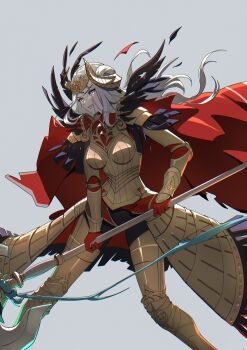 1girl armor axe battle_axe bikini_boody boobplate breastplate breasts cape clenched_teeth commentary edelgard_von_hresvelg edelgard_von_hresvelg_(adrestian_emperor) edelgard_von_hresvelg_(timeskip) english_commentary fake_horns feather_trim feathers fire_emblem fire_emblem:_three_houses fire_emblem_heroes gloves gold_armor hauteclere headpiece highres holding holding_axe horned_headwear horned_tiara horns long_hair medium_breasts nintendo official_alternate_costume parted_lips purple_eyes red_cape simple_background solo teeth tiara weapon white_hair