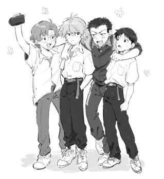 4boys aida_kensuke arm_on_another's_shoulder belt camcorder camera closed_mouth collared_shirt commentary_request freckles full_body glasses greyscale hands_in_pockets highres holding holding_camera ikari_shinji looking_at_another male_focus monochrome multiple_boys nagisa_kaworu neon_genesis_evangelion open_mouth oshio_(baniniwana) pants round_eyewear shirt shoes short_hair simple_background standing suzuhara_touji video_camera white_background