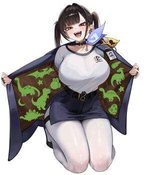 1girl absurdres black_choker black_hair black_shoes blue_scarf blue_skirt blush breasts choker commentary dinosaur doddbdck1103 english_commentary goddess_of_victory:_nikke highres jacket kneeling lanyard large_breasts long_hair looking_at_viewer low_twintails mario_(series) nintendo open_clothes open_jacket open_mouth pantyhose red_eyes scarf see-through_clothes see-through_shirt shirt shoes simple_background skirt smile solo sora_(nikke) teeth twintails white_background white_pantyhose white_shirt yoshi