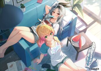 2girls barefoot beetle black_hairband blonde_hair blue_shorts blurry blush bug can character_name chips_(food) clothes_writing commentary_request company_name controller copyright_notice depth_of_field drink_can electric_fan food food_in_mouth fruit full_body game_controller green_eyes grey_hair hair_between_eyes hairband heart hololive hololive_dev_is insect isaki_riona looking_at_viewer momosuzu_nene multicolored_shirt multiple_girls official_art pink_hair plant plate ponytail popsicle popsicle_in_mouth potted_plant red_eyes shirt shorts sparkle star_(symbol) tokisaka_makoto virtual_youtuber watermelon white_shirt