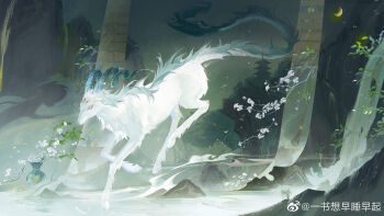 Rule 34 | absurdres, animalization, architecture, bai ze (mythology), bamboo screen, blue horns, branch, building, cael anselm, cael anselm (myths wonders), chinese commentary, commentary request, creature, creature focus, crescent moon, curled horns, double exposure, dragon tail, east asian architecture, falling petals, flower, hanging scroll, highres, horns, leaf, lovebrush chronicles, moon, mountain, night, no humans, official art, petals, river, scroll, table, tail, tuotuo, vase, water, waterfall, watermark, weibo watermark, white flower