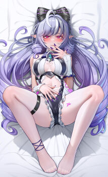 1girl absurdres atom_b bare_shoulders bed blush bow bowtie breasts clothing_cutout dress_swimsuit drill_hair feet frilled_one-piece_swimsuit frilled_wrist_cuffs frills hair_bow heart_cutout highres long_hair looking_at_viewer lying multicolored_hair navel official_alternate_costume on_back one-piece_swimsuit pantyhose pillow pointy_ears purple_bow purple_bowtie purple_hair purple_nails red_eyes solo stomach_cutout streaked_hair swimsuit thigh_strap toes two-tone_one-piece_swimsuit vivian_banshee vivian_banshee_(iris_of_the_shore) white_one-piece_swimsuit white_pantyhose wrist_cuffs zenless_zone_zero