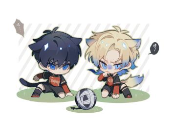 Rule 34 | 2boys, animal ears, ball, black hair, black shorts, blonde hair, blue eyes, blue hair, blue lock, cat boy, cat ears, cat tail, chibi, chibi only, compression shirt, crown tattoo, full body, grass, hand tattoo, highres, isagi yoichi, layered sleeves, long sleeves, male focus, michael kaiser, multicolored hair, multiple boys, on floor, on one knee, pcal pcal, short hair with long locks, short over long sleeves, short sleeves, shorts, speech bubble, tail, tattoo, translation request, two-tone hair