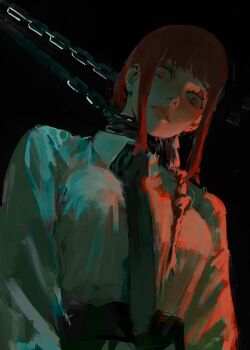 1girl braid braided_ponytail breasts brush_stroke chain chainsaw_man collared_shirt daodtt demon_girl highres looking_at_viewer makima_(chainsaw_man) medium_breasts red_hair ringed_eyes shirt solo traditional_media white_shirt yellow_eyes