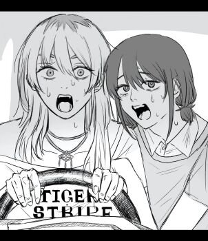 Rule 34 | 2girls, chainsaw man, collared shirt, commentary request, girls band cry, grcr pometa1118, greyscale, highres, iseri nina, jewelry, kawaragi momoka, long hair, meme, monochrome, multicolored hair, multiple girls, necklace, open mouth, power crashes kobeni's car (meme), roots (hair), shirt, short twintails, steering wheel, sweat, twintails