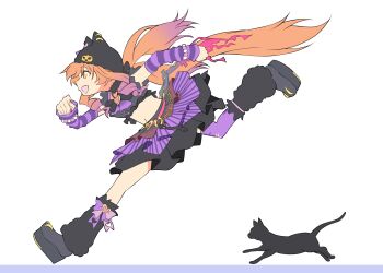 1girl airplane_hair_ornament animal_ear_headwear animal_earrings animal_ears bead_bracelet beads black_cat black_hat blush bracelet breasts cat commentary curly_sidelocks emo_fashion fake_animal_ears fingerless_gloves gloves hat heart_belt_buckle highres horse_ears horse_girl jewelry long_hair low_twintails mayano_top_gun_(rockin&#039;_mewmeow)_(umamusume) mayano_top_gun_(umamusume) midriff navel official_alternate_costume official_alternate_hairstyle open_mouth orange_eyes orange_hair pumpkin_brooch pumpkin_hat_ornament punk purple_arm_warmers skirt smile striped_arm_warmers striped_sleeves symbol-only_commentary tail twintails umamusume zukki_(bijitaru)