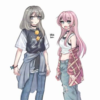 Rule 34 | 2girls, bang dream!, bang dream! it's mygo!!!!!, black choker, black sweater vest, blue pants, blush, bracelet, breasts, cellphone, chihaya anon, choker, closed mouth, clothes around waist, commentary, crossover, dated, fang, girls band cry, grey eyes, grey hair, grey jacket, highres, holding, holding phone, instrument connection, jacket, jacket around waist, jewelry, kawaragi momoka, long hair, medium breasts, midriff, multicolored hair, multiple girls, open mouth, pants, phone, pink hair, pink jacket, roots (hair), shirt, short sleeves, simple background, smartphone, sweater vest, tank top, tomare (akashingou), white background, white shirt, white tank top