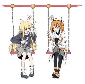 Rule 34 | 2girls, absurdres, adachi rei, ahoge, black leggings, blonde hair, chicken (food), cho kaguya-hime!, commentary request, crossover, eating, food, fried chicken, grey skirt, highres, holding, holding food, holding popsicle, jacket, kaguya (cho kaguya-hime!), leggings, long hair, long sleeves, looking at another, multiple girls, on swing, one side up, open mouth, orange eyes, orange hair, pancake, pancake stack, popsicle, red eyes, shaobing yakimochi, sitting, skirt, spoken food, swing, swing set, utau, white jacket