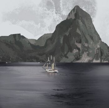 boat commentary grey_sky highres landscape mountainous_horizon muted_color nature no_humans ocean original outdoors painterly reflection reflective_liquid scenery sky symbol-only_commentary twulfs watercraft