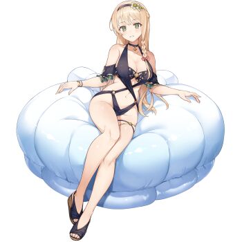 Rule 34 | 1girl, atelier (series), atelier ryza, bean bag chair, black hairband, black one-piece swimsuit, blonde hair, braid, braided sidelock, breasts, choker, cleavage, cross-laced clothes, cross-laced one-piece swimsuit, dolphin wave, flower, full body, game cg, green eyes, groin, hair flower, hair ornament, hairband, half up braid, highres, klaudia valentz, light blush, long hair, looking at viewer, medium breasts, nnabe, non-web source, official art, one-piece swimsuit, parted lips, sandals, self-datamine, simple background, sitting, skindentation, smile, solo, swimsuit, thigh strap, transparent background