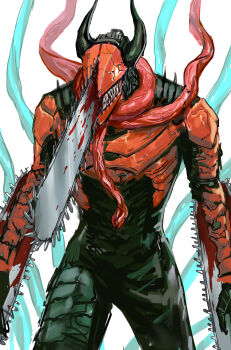 1boy blood bloody_weapon bright_pupils chainsaw chainsaw_devil chainsaw_man closed_mouth cowboy_shot demon demon_horns denji_(chainsaw_man) hashtag-only_commentary highres horns intestine_clothing intestines pull_cord sharp_teeth simple_background skrillex_li solo teeth weapon white_background