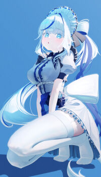 1girl :o absurdres aokumo_rin apron aqua_(eos8012) blue_apron blue_background blue_dress blue_eyes blue_hair blue_streaks blush center_frills commentary_request dress frilled_dress frilled_hairband frills full_body hairband highres korean_commentary long_hair maid maid_apron multicolored_dress multicolored_hair no_shoes open_mouth puffy_sleeves short_sleeves sidelocks simple_background solo squatting stellive thighhighs thighs toes two-tone_dress two-tone_hair white_dress white_hair white_thighhighs