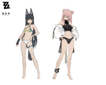 2girls alternate_costume animal_ear_fluff barefoot bikini blunt_bangs closed_mouth feet fingerless_gloves fingernails fox fox_girl full_body gloves hair_between_eyes hashtag-only_commentary highres hoshimi_miyabi long_hair looking_at_viewer multiple_girls navel pink_eyes pink_hair red_eyes sidelocks simple_background single_fingerless_glove smile standing stomach sunglasses swimsuit toenails toes tsukishiro_yanagi user_cxsr8755 white_background zenless_zone_zero