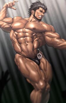 1boy abs bara bare_pectorals beard biceps black_eyes black_hair bodybuilder bulge ear_piercing earrings facial_hair flexing highres jewelry large_pectorals male_focus manly mature_male muscular muscular_arms muscular_legs muscular_male navel nipples original pectoral_cleavage pectorals piercing shunta_(syunta_87) smile solo thighs thong tight_clothes topless_male veins