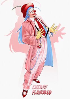 1boy absurdres alternate_costume black_suspenders blue_eyes blue_hair bright_pupils buggy_the_clown cherry cherry_hat cherry_print clown_nose coat english_text eyelashes facial_hair food food_print formal_clothes fruit fruit_print full_body gloves goatee_stubble highres lapels lipstick long_hair makeup male_focus necktie notched_lapels one_piece open_mouth pants pink_coat pink_pants pink_suit pinstripe_pattern pinstripe_suit red_lips red_necktie red_nose red_shoes shirt shoes silhouette solo stubble suit suspenders_pull teeth tongue tongue_out upper_teeth_only vamos_mk white_background white_pupils white_shirt yellow_gloves