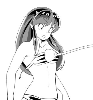 1girl animal_print bikini breasts greyscale horns long_hair lum monochrome navel open_mouth surprised swimsuit tiger_print underboob undressing_another unworn_bikini_top urusei_yatsura wardrobe_malfunction