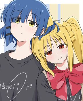 Rule 34 | 2girls, absurdres, ahoge, black shirt, blonde hair, blue background, blue hair, blush, bocchi the rock!, border, bow, bowtie, closed mouth, commentary, hair between eyes, heads together, highres, ijichi nijika, kessoku band logo, kessoku band t-shirt, long hair, mayo (oekaki bibbi), multiple girls, outside border, polka dot, polka dot bow, polka dot bowtie, red bow, red bowtie, red eyes, shirt, side ponytail, smile, t-shirt, two-tone background, upper body, white border, yamada ryo, yellow background, yellow eyes
