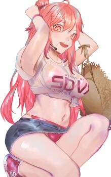 Rule 34 | 1girl, absurdres, bemani, bikini, clothes lift, denim, denim skirt, gokuama, hat, highres, pink eyes, pink hair, rasis, red bikini, see-through clothes, shirt, shoes, skirt, skirt lift, sound voltex, swimsuit, unworn hat, unworn headwear, white shirt, yumebuki