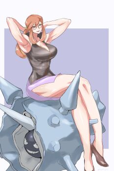 1girl armpits bare_shoulders breasts cleavage cloyster gen_1_pokemon glasses high_heels highres huyamuyaz large_breasts lips long_hair lorelei_(pokemon) nintendo pokemon pokemon_frlg ponytail red_eyes red_hair simple_background sitting sleeveless teeth