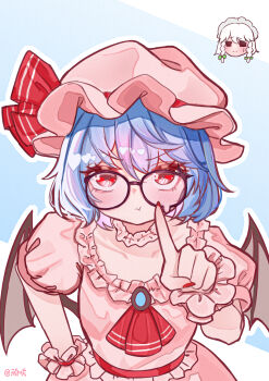 Rule 34 | 2091966, 2girls, :t, absurdres, ascot, bat wings, bespectacled, blue hair, blush, bow, braid, collarbone, commentary request, glasses, green bow, grey hair, hat, hat ribbon, head only, highres, index finger raised, izayoi sakuya, maid headdress, mob cap, multiple girls, pink hat, pink shirt, pink skirt, pout, red ascot, red eyes, red nails, remilia scarlet, ribbon, shirt, skirt, solo focus, teardrop-framed glasses, touhou, twin braids, wings, wrist cuffs
