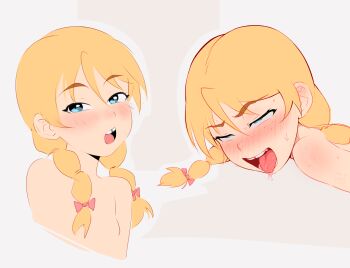 1girl ahegao blonde_hair blue_eyes blush body_freckles braid drooling female_focus freckles hair_ornament highres implied_sex loli long_hair looking_at_viewer mouth_drool multiple_views nude okymir open_mouth original pale_skin pigtail_braids rolling_eyes saliva seductive_gaze swastika sweat tongue tongue_out tooth_gap twin_braids upper_body white_background