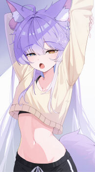 1girl absurdres animal_ear_fluff animal_ears arm_behind_head arms_up black_bra black_pants blue_eyes bra crop_top cropped_sweater fang fox_ears fox_girl fox_tail groin hair_ornament half-closed_eyes heterochromia highres long_hair long_sleeves navel noya_(yuseong86368507) open_mouth pants pom_pom_(clothes) pom_pom_hair_ornament purple_hair simple_background skin_fang sleepy squeans stellive stomach stretching sweater tail tears tenko_shibuki underwear very_long_hair virtual_youtuber yawning yellow_eyes