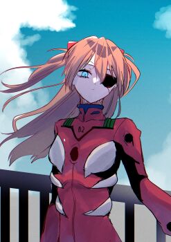 Rule 34 | 1girl, baluster, blue eyes, blue sky, bodysuit, closed mouth, cloud, day, evangelion: 3.0 you can (not) redo, eyepatch, film grain, floating hair, hair between eyes, hair ornament, highres, interface headset (evangelion), long hair, looking down, mecha pilot suit, neon genesis evangelion, one eye covered, orange hair, outdoors, plugsuit (evangelion), railing, rebuild of evangelion, red bodysuit, saixillust, sidelocks, sky, solo, souryuu asuka langley, two side up, upper body