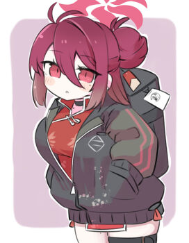1girl :o antenna_hair backpack bag blue_archive border breasts china_dress chinese_clothes dress grey_jacket hair_bun halo hands_in_pockets jacket large_breasts long_sleeves looking_at_viewer miranofuudoria parted_lips partially_unzipped pelvic_curtain puffy_long_sleeves puffy_sleeves purple_background red_dress red_eyes red_hair reijo_(blue_archive) skindentation solo white_border