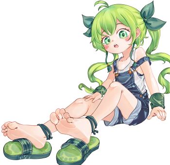 1girl barefoot chaosexceed feet foot_focus green_eyes green_hair highres original overalls soles solo toes twintails