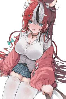 1girl alternate_costume animal_ears appleseed_(appleseed_art) black_streaks blue_eyes bra_visible_through_clothes breasts cardigan cleavage collar commentary fang hakos_baelz highres hololive hololive_english large_breasts mouse_ears mouse_girl multicolored_hair off_shoulder open_mouth pink_cardigan pleated_skirt red_hair red_nails school_uniform simple_background skirt solo streaked_hair tearing_up thighhighs virtual_youtuber white_background white_streaks