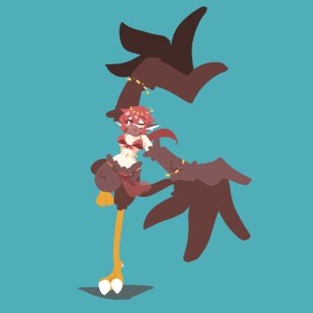 1girl animal_ears big_o_pants bird_ears bird_legs bird_tail blue_background blush_stickers breasts brown_feathers brown_wings commentary dancing feather_fingers feathers fio-chan_(big_o_pants) harpy large_breasts long_hair looking_at_viewer monster_girl mouth_veil navel no_lineart one_eye_closed open_mouth original red_eyes red_hair simple_background solo standing standing_on_one_leg tail talons veil winged_arms wings