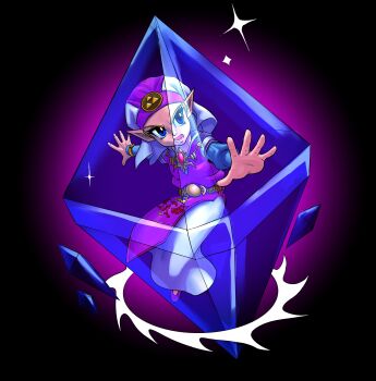 1girl absurdres belt black_background blue_eyes blue_hair child dress earrings energy_barrier gem glowing hat highres jewelry kolsanart looking_at_viewer magic nayru&#039;s_love nintendo open_hand open_mouth pointy_ears princess_zelda prism shield smile solo spinning t-pose the_legend_of_zelda the_legend_of_zelda:_ocarina_of_time triforce two-tone_dress two-tone_headwear v-shaped_eyebrows veil white_hat