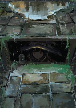 1girl absurdres brown_hair glass grass hat highres kono_subarashii_sekai_ni_shukufuku_wo! koukouya megumin puddle rain red_eyes sewer short_hair storm_drain underground witch_hat