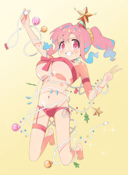 1girl absurdres arm_up avarangers bare_shoulders barefoot blue_hair blush breasts cable christmas_lights clenched_teeth commentary_request covered_erect_nipples earrings fingernails full_body gradient_background hair_intakes hair_ornament hair_scrunchie hat highres hozuki_kaede jewelry kneeling large_breasts long_fingernails long_hair looking_at_viewer multicolored_hair nail_polish navel onii-chan_wa_oshimai! orange_scrunchie panties party_hat pink_hair pink_nails ponytail red_eyes red_panties ribbon_as_bra scrunchie shiny_skin smile solo stomach stud_earrings teeth thigh_strap underboob underwear v yellow_background
