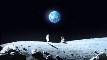 1girl astronaut cloud commentary_request earth_(planet) endlesscat flower footprints from_side glowing helmet highres on_moon original planet rabbit rock scenery shadow silhouette space space_helmet spacesuit star_(sky) wide_shot