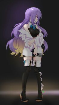 1girl absurdres blonde_hair breasts colored_inner_hair gradient_hair highres hololive hololive_indonesia large_breasts long_hair microphone moona_hoshinova multicolored_hair purple_eyes purple_hair solo starry_hair thanabis two-tone_hair virtual_youtuber