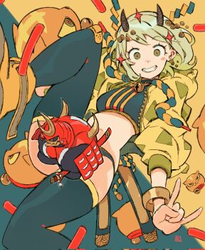 1girl andrewcockroach armor grin highres horns japanese_armor jewelry looking_at_viewer midriff original shoulder_armor smile sode solo thighhighs yellow_eyes