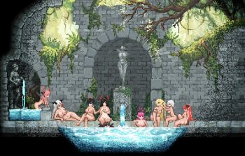 6+girls absurdres aegir_(azur_lane) alternate_breast_size_(larger) azur_lane backward-facing_horns bismarck_(azur_lane) black_hair black_horns blonde_hair blue_eyes branch breasts chinese_commentary commentary_request completely_nude covering_breasts covering_privates crossed_legs curled_horns demon_horns friedrich_der_grosse_(azur_lane) hair_between_eyes hands_in_another's_hair heterochromia highres hindenburg_(azur_lane) holding_another's_hair horns how.r.u huge_breasts huge_horns large_breasts leaning_back leaning_forward lion_head_(ornament) long_hair lying mechanical_horns mecklenburg_(azur_lane) multiple_girls naked_towel nipples nude on_side pink_eyes pink_hair pink_horns pixel_art pointy_ears prinz_rupprecht_(azur_lane) purple_eyes red_hair red_horns red_streaks ruins same-sex_bathing shared_bathing short_hair sitting statue tirpitz_(azur_lane) towel ulrich_von_hutten_(azur_lane) very_long_hair washing_hair water white_hair yellow_eyes z52_(azur_lane)